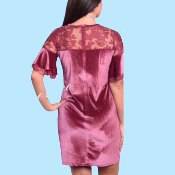 Dark Mauve Pink Velvet Lace Detail Short Ruffle Sleeve Plus Dress NEW - Picture 2 of 12